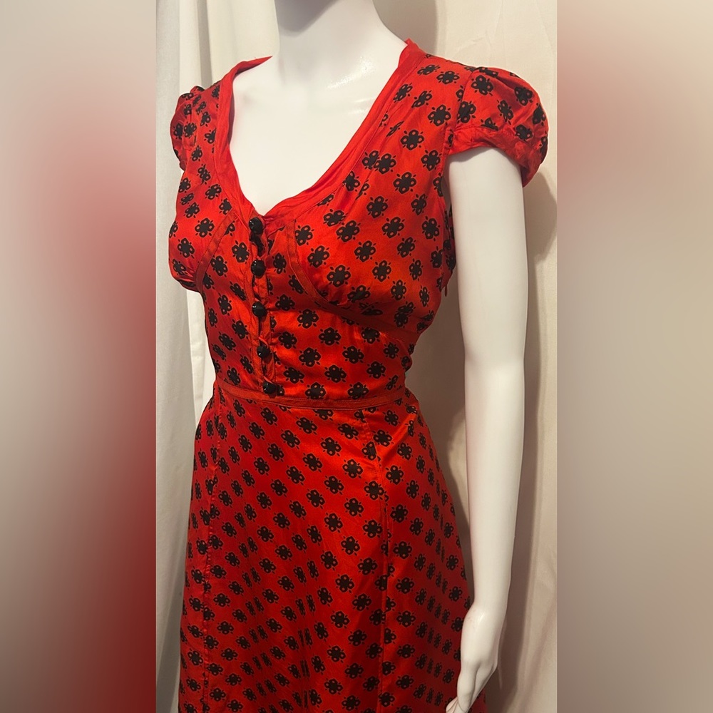Rare Vintage Marc Jacobs Sz 6 100% Silk Red FloralPuff Sleeve Midi Dress Retro - Picture 4 of 9